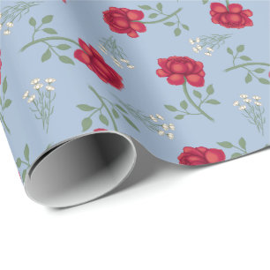 Papel De Regalo Rosas rojas sobre calicó sobredimensionado azul cl