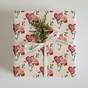 Papel De Regalo Rosas Rojas Vintage y Llave de Mi Corazón de San V