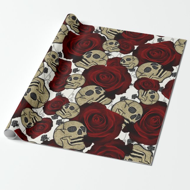 Papel De Regalo Rosas Rojas y Calaveras Floral Negro Gótico Blanco (Desenrollado)