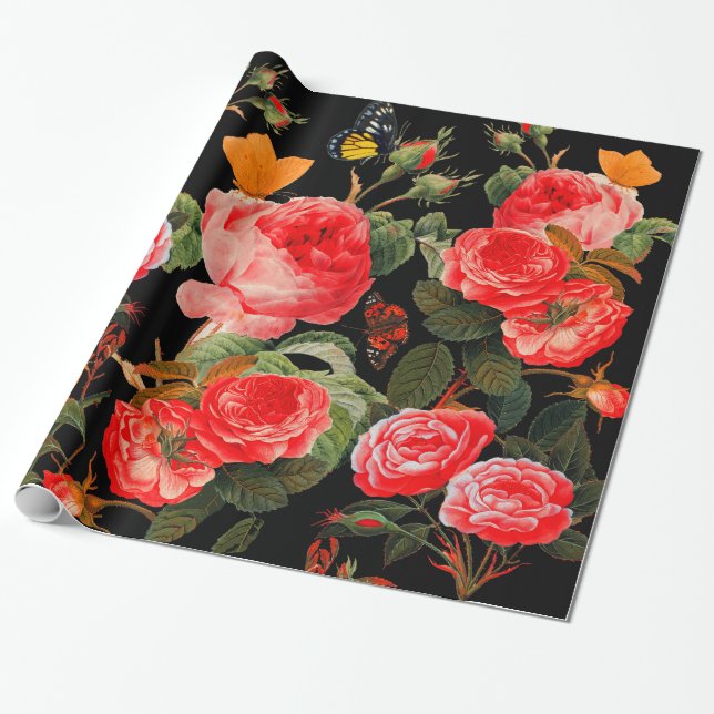 Papel De Regalo ROSAS ROJAS Y MARIPOSAS AMARILLAS Flores Negras (Desenrollado)
