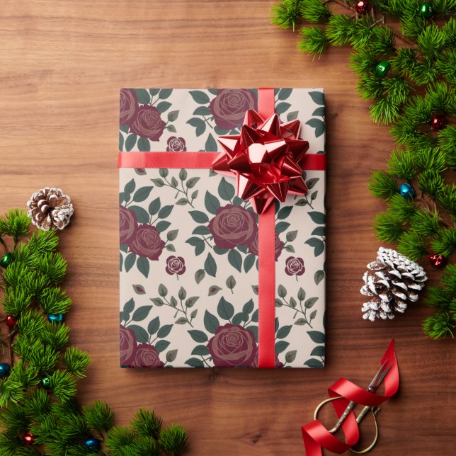 Papel De Regalo Rosas Rojo Oscuro Con Hojas Verdes (Regalo de vacaciones)