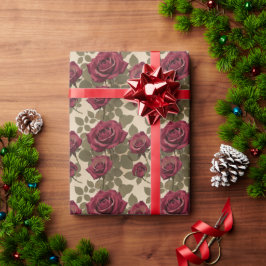 Papel De Regalo Rosas Rojo Oscuro Con Hojas Verdes Desteñidas