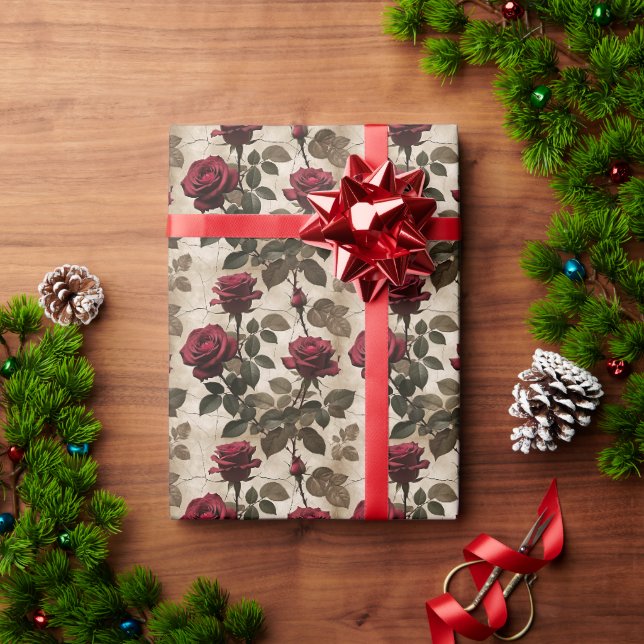 Papel De Regalo Rosas Rojo Profundo Con Hojas Verde Oscuro (Regalo de vacaciones)