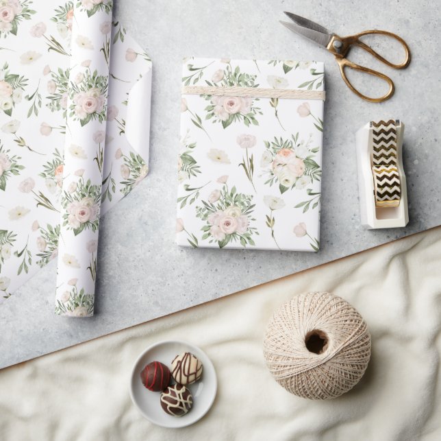 Papel De Regalo Rosas Rosa Pálidas Sobre Blanco (Artesanía)