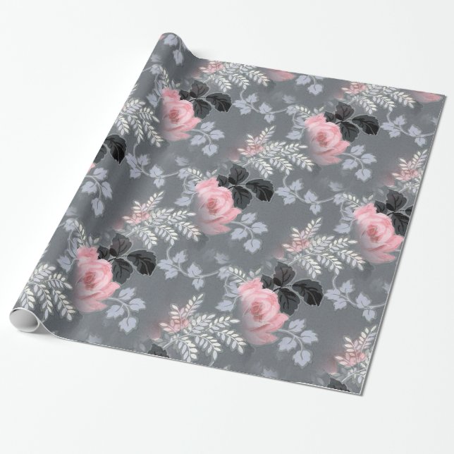 Papel De Regalo Rosas rosa pálidas sobre fondo gris (Desenrollado)