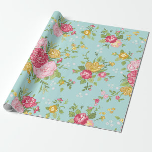 Papel De Regalo Rosas rosa Vintage Bouquet Floral Patrón Verde azu