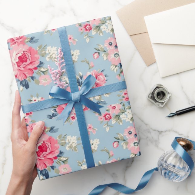 Papel De Regalo Rosas rosadas de algodón en fondo azul (Regalar)