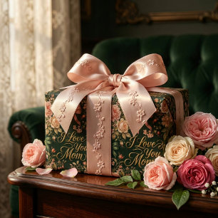 Papel De Regalo Rosas Rosadas Elegantes y Oro Te Amo Mamá