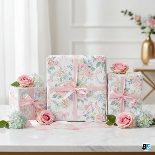 Papel De Regalo Rosas rosadas en acuarela, cintas y lazos florales