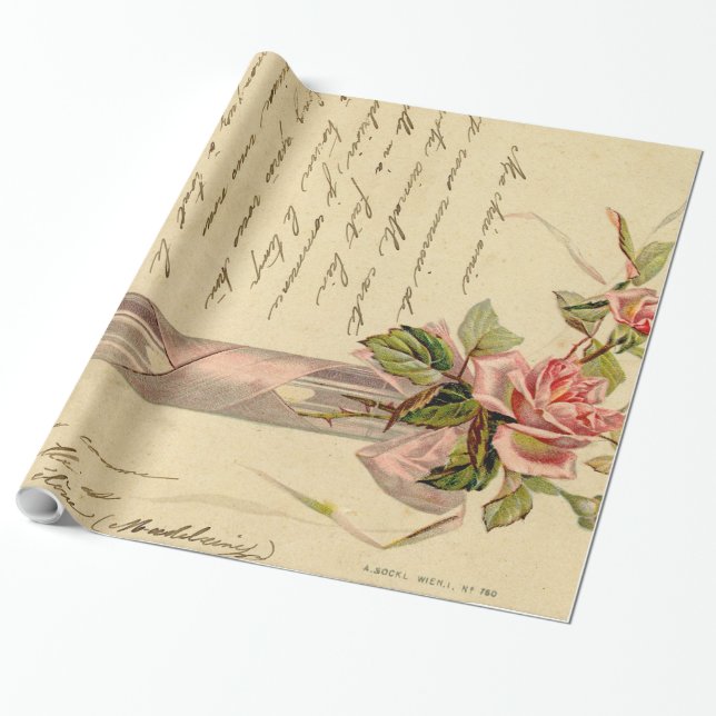 Papel De Regalo Rosas rosadas francesas vintage (Desenrollado)