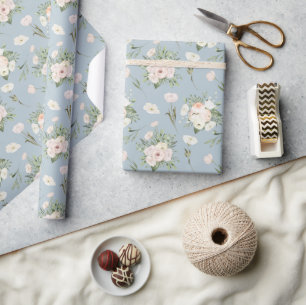 Papel De Regalo Rosas Rosadas Pálidas Sobre Azul