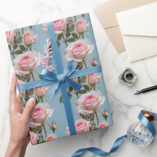 Papel De Regalo Rosas rosadas pastel sobre un fondo azul cielo sua