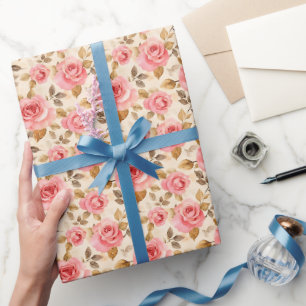 Papel De Regalo Rosas rosadas sobre amarillo pálido