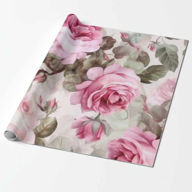 Papel De Regalo Rosas rosas rosadas de época Delicadas (Desenrollado)