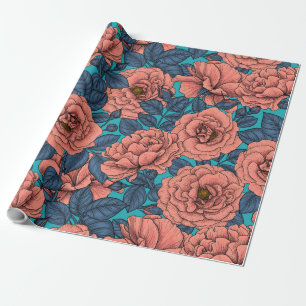 Papel De Regalo Rosas rosas rosas con hojas azules en azul