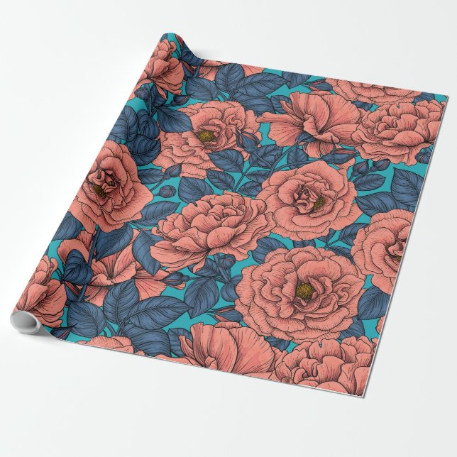 Papel De Regalo Rosas rosas rosas con hojas azules en azul (Desenrollado)
