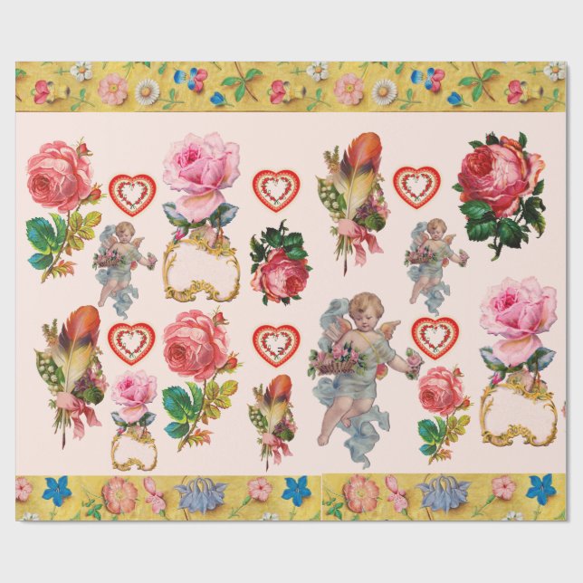 PAPEL DE REGALO ROSAS ROSAS ROSAS, FLORES, CUBIERTOS, ÁNGELES Y CO (Superficie plana)