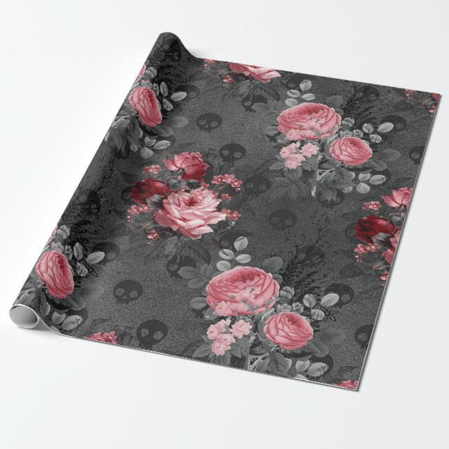 Papel De Regalo Rosas rosas y cráneos rosas en gris (Desenrollado)
