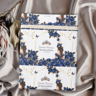 Papel De Regalo Rosas Tiara Dorada Azul Marino Quinceañera