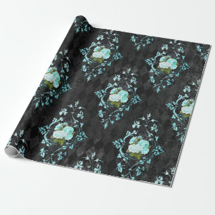 Papel De Regalo Rosas turquesa vintage y patrón de arlequín negro
