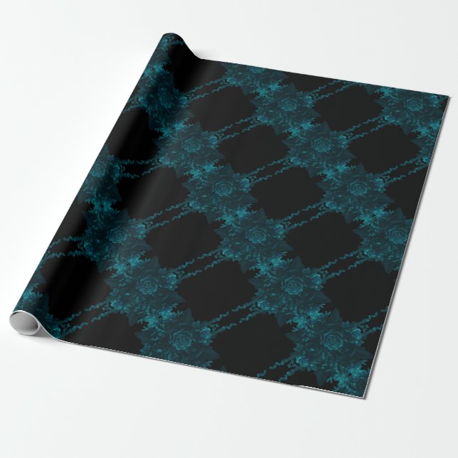 Papel De Regalo Rosas verde azulados Boda gótico negro (Desenrollado)