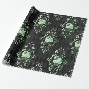 Papel De Regalo Rosas verdes vintage y patrón de arlequín negro