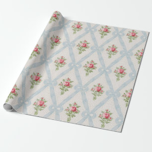 Papel De Regalo Rosas victorianos rosados con Entramado Azul