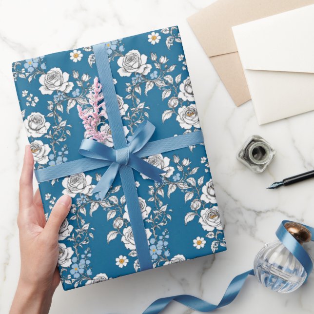 Papel De Regalo Rosas Vintage azules y blancos (Regalar)
