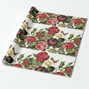 Papel De Regalo Rosas Vintage Hermosas / Rojo Oscuro y Marfil