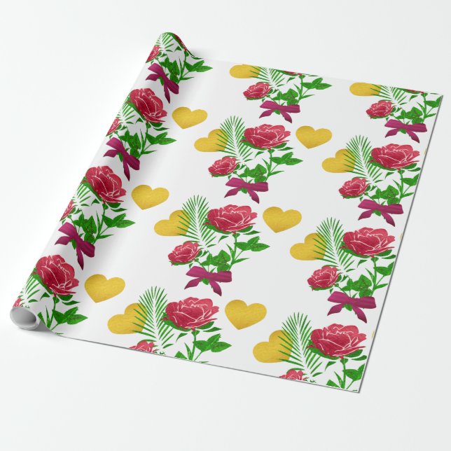Papel de regalo Rosas y Corazón de Oro (Desenrollado)