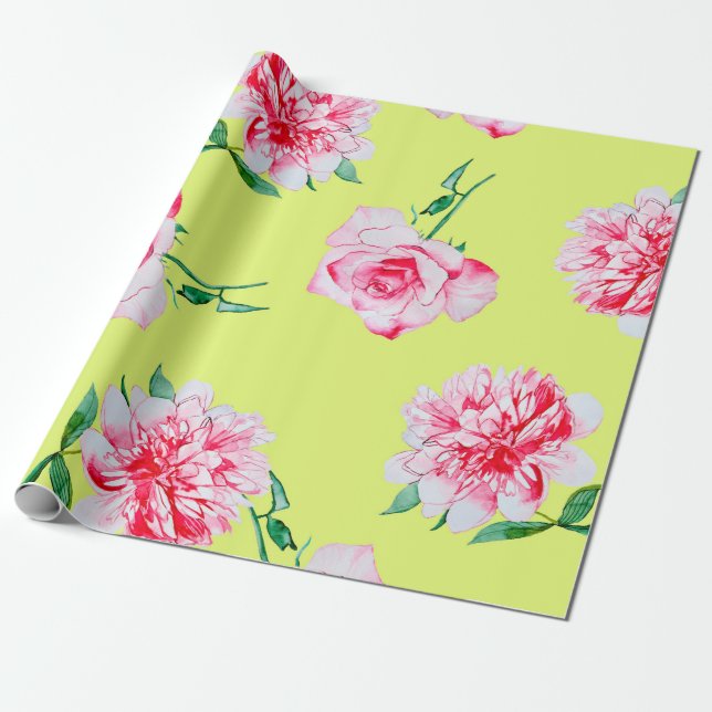 Papel De Regalo Rosas y patrón de ilustracion acuático Peonies (Desenrollado)