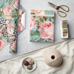 Papel De Regalo Rosas Y Relojes Modernos Y Clocks Patrón Azul