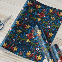 Papel De Regalo Rosemaling Escandinavo Folk Azul Rojo