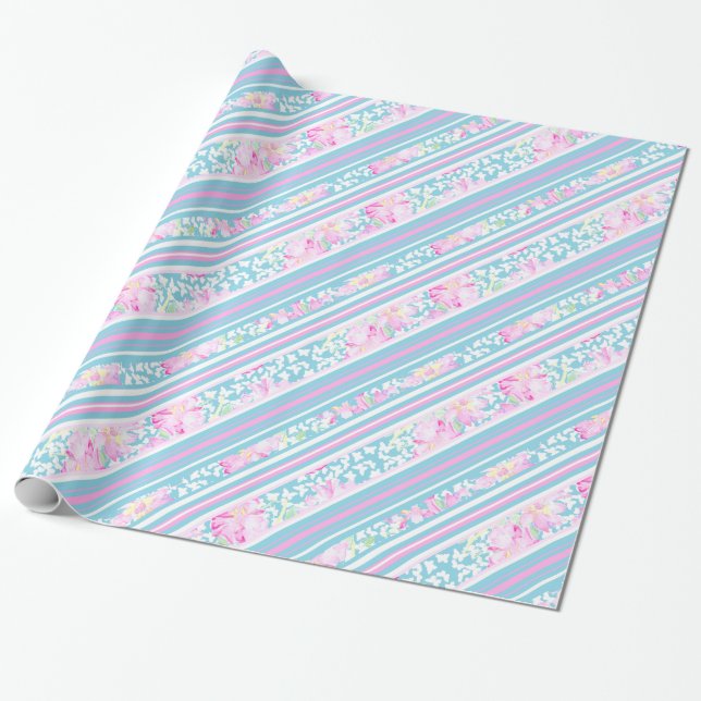 Papel De Regalo Roses rosados bonitos y rayas turquesas Giftwrap (Desenrollado)
