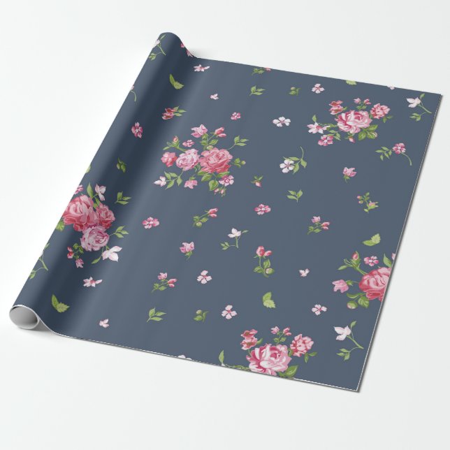 Papel De Regalo Roses rosados vintage Patrón floral Marina Azul (Desenrollado)