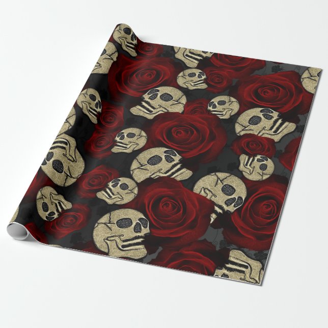 Papel De Regalo Roses y cráneos rojos Gris Floral Negra Gótica (Desenrollado)
