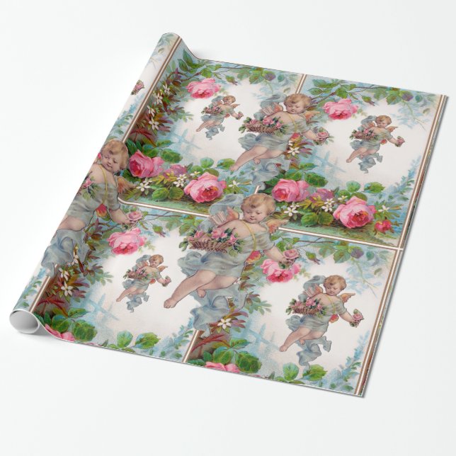 PAPEL DE REGALO ROSOS Y FLORES ROMÁNTICOS DE ÁNGEL ROMÁNTICO (Desenrollado)