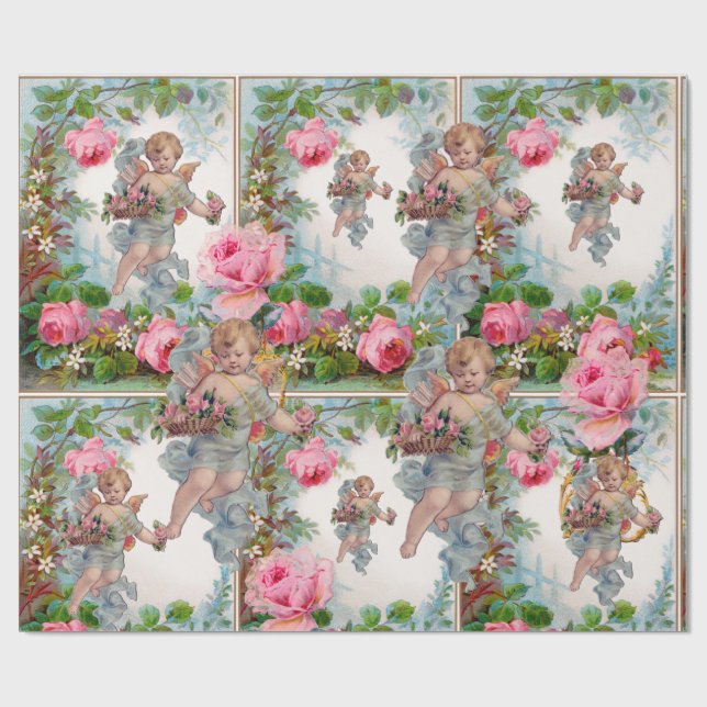 PAPEL DE REGALO ROSOS Y FLORES ROMÁNTICOS DE ÁNGEL ROMÁNTICO (Superficie plana)