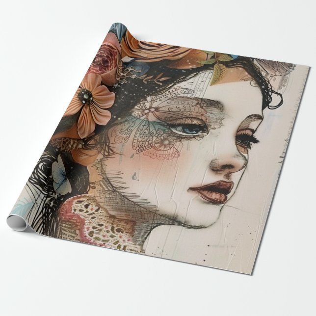 Papel De Regalo Rostro de Collage de Álbum Antiguo (2) (Desenrollado)