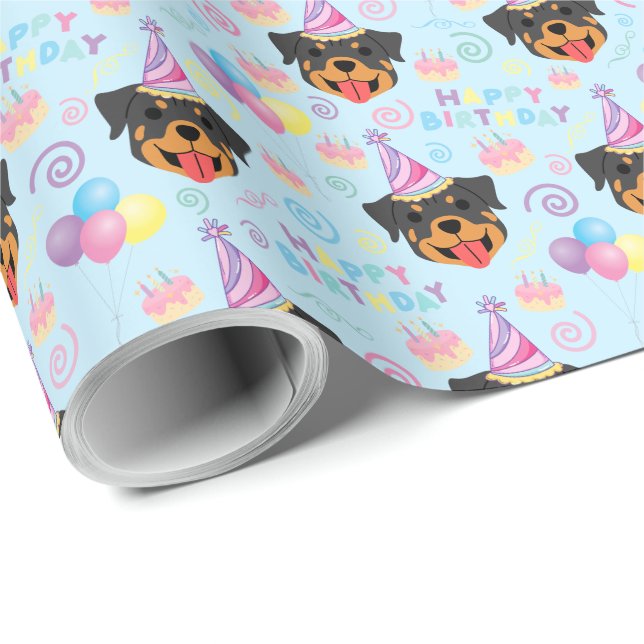 Papel De Regalo Rottweiler Birthday Gift Wrapping Paper in Blue (Esquina del rollo)