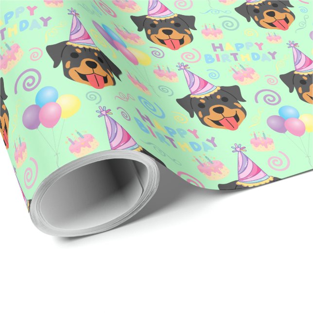 Papel De Regalo Rottweiler Birthday Gift Wrapping Paper in Green (Esquina del rollo)