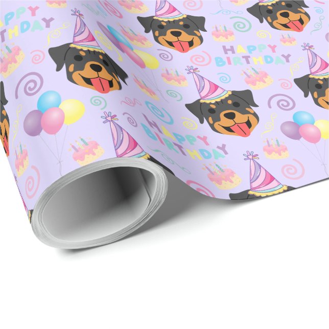 Papel De Regalo Rottweiler Birthday Gift Wrapping Paper in Purple (Esquina del rollo)