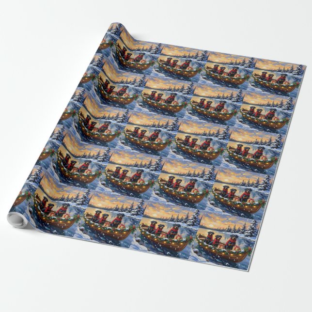 Papel De Regalo Rottweiler Christmas Boat Holiday (Desenrollado)