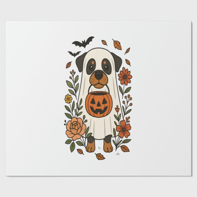 Papel De Regalo Rottweiler de Halloween con Flores (Superficie plana)
