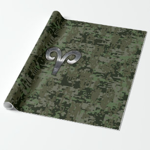 Papel De Regalo Rótulo Aries Zodiac en Camo Digital Verde de Woodl