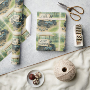 Papel De Regalo Rótulo "Just Married" Carro de golf Acuarela Rústi