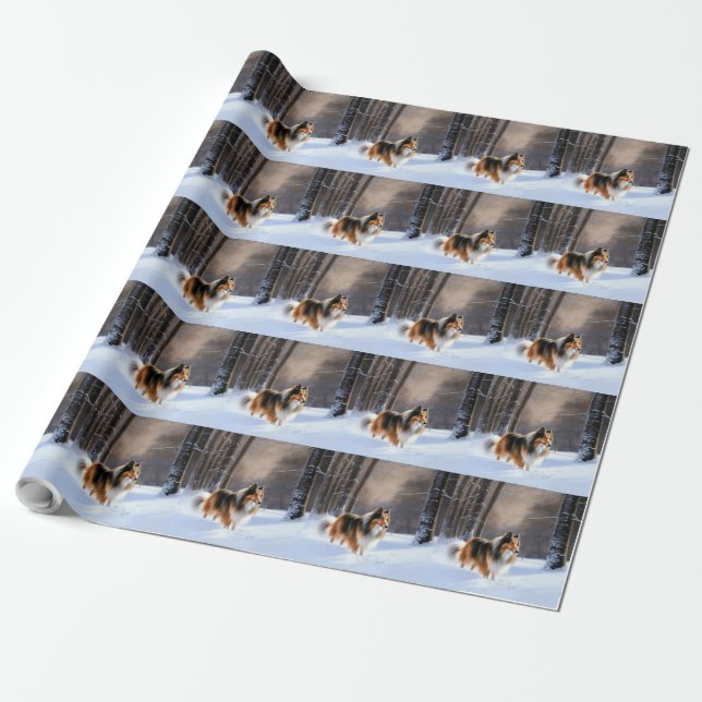 Papel De Regalo Rough Collie Deja Que Nieva Navidades (Desenrollado)