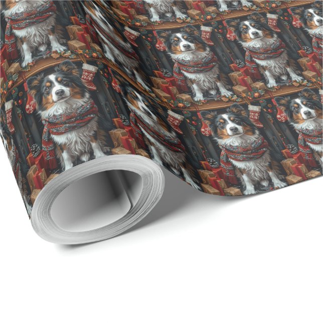 Papel De Regalo Rough Collie Dog Con Navidades Regalos Chimenea (Esquina del rollo)