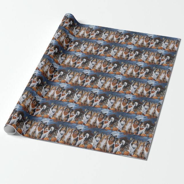 Papel De Regalo Rough Collie Halloween Spooky (Desenrollado)