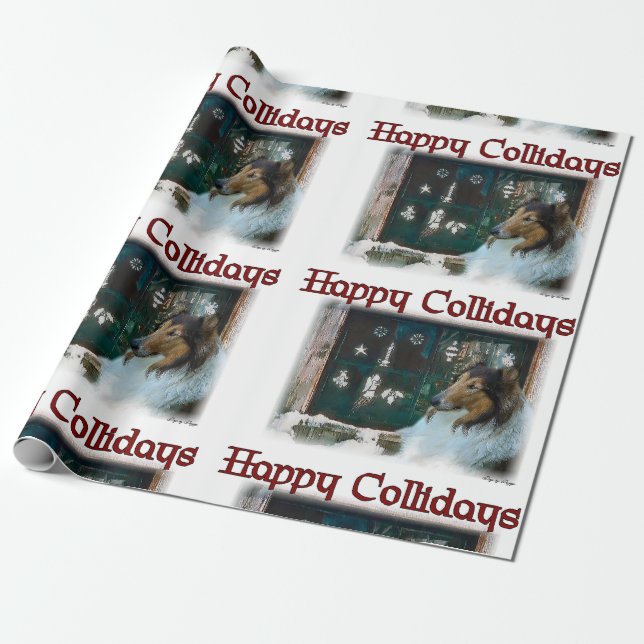 Papel De Regalo Rough Collie Happy Collidays Navidades (Desenrollado)